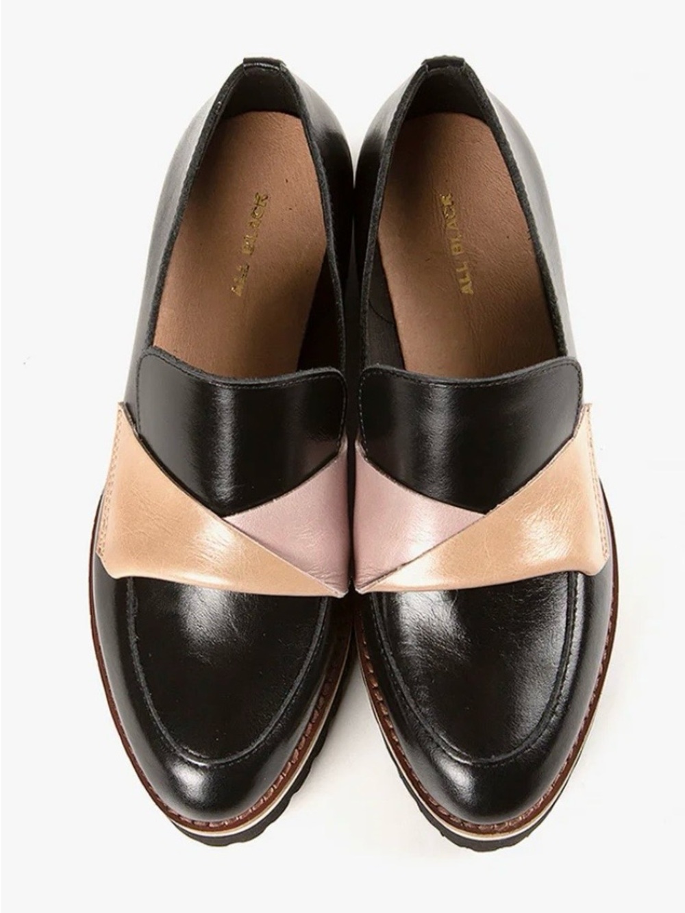 Colorblock Leather Loafers — Black with Blush & Peach Straps